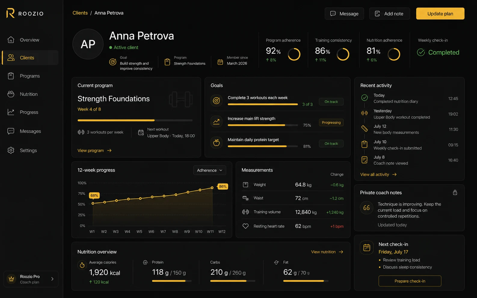 Detailed Roozio client profile for a coach