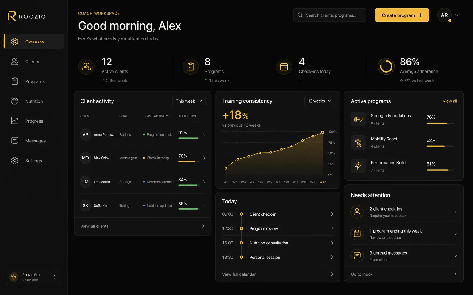Roozio coach workspace with clients, progress and upcoming sessions