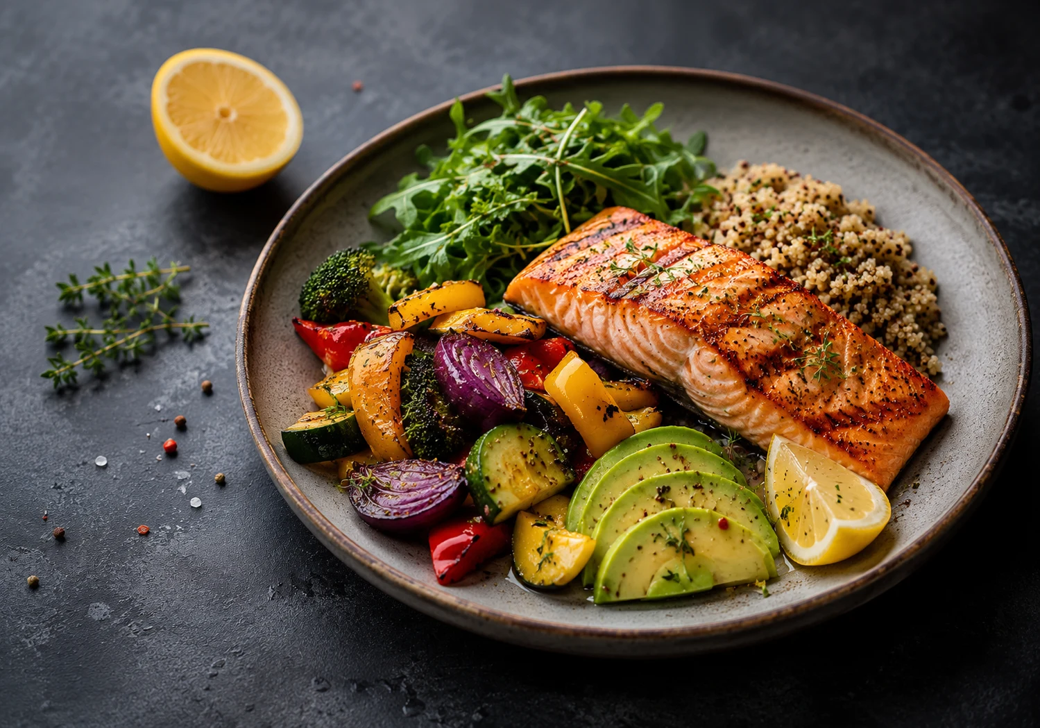 A balanced salmon meal with vegetables and grains